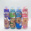 Four clear water bottles with purple and pink lids and a strap, featuring cute bear designs.