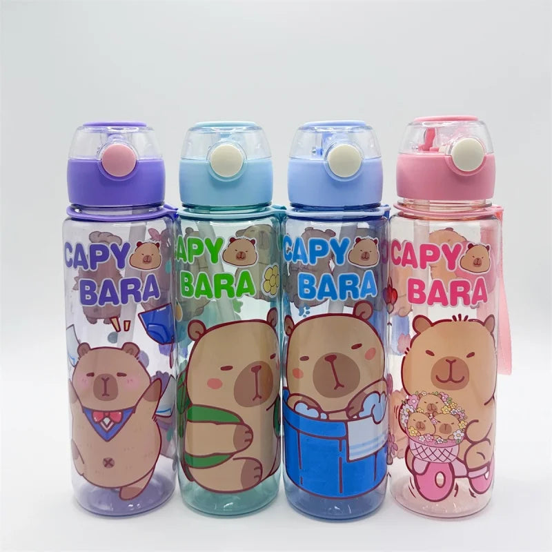 Four clear water bottles with purple and pink lids and a strap, featuring cute bear designs.