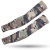 A pair of camouflage tactical arm sleeves stretched out against a white background.