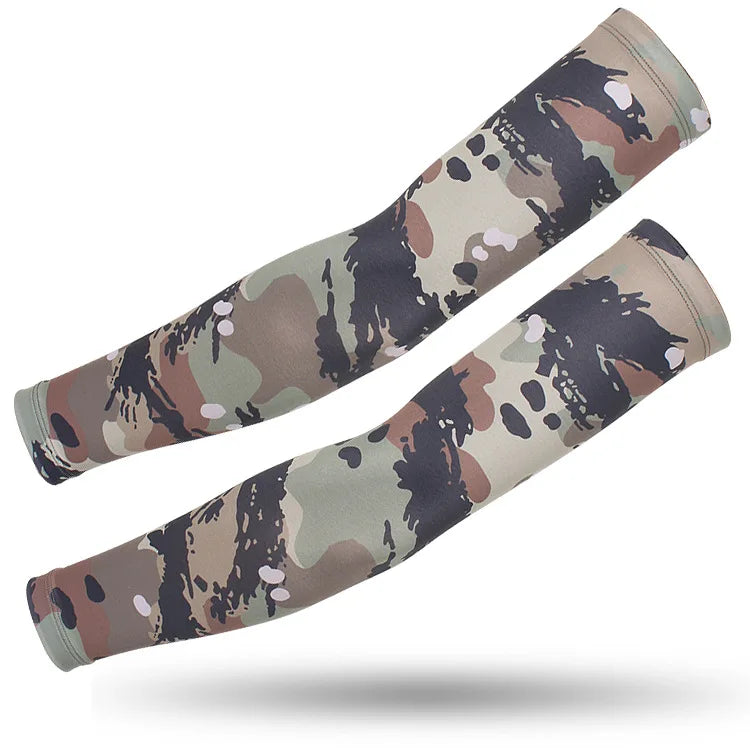 A pair of camouflage tactical arm sleeves stretched out against a white background.
