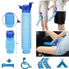Portable telescopic urinal in blue plastic with various sizes and a folding tent accessory shown for outdoor use