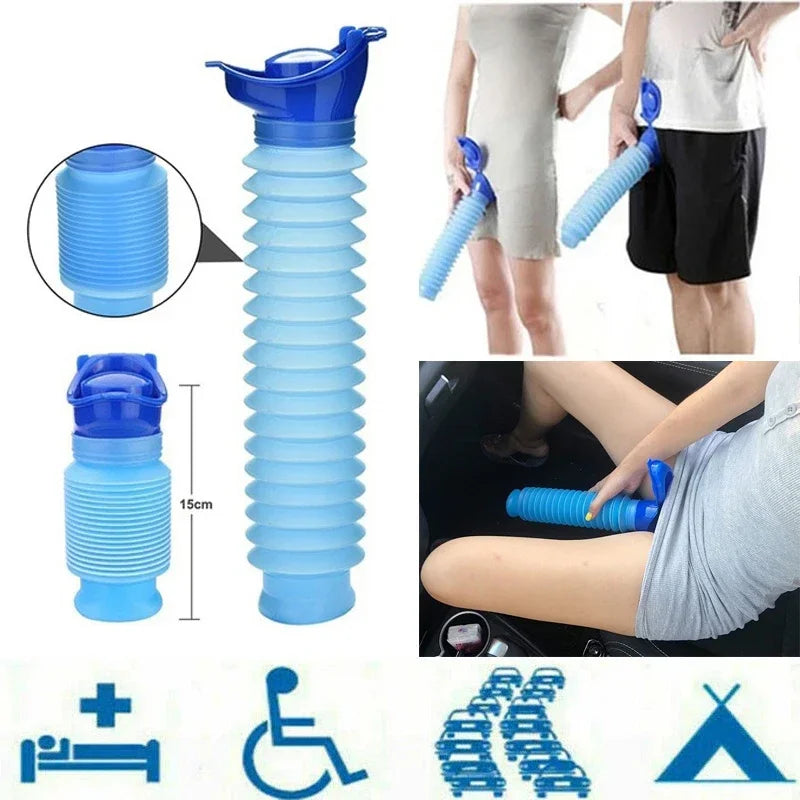Portable telescopic urinal in blue plastic with various sizes and a folding tent accessory shown for outdoor use
