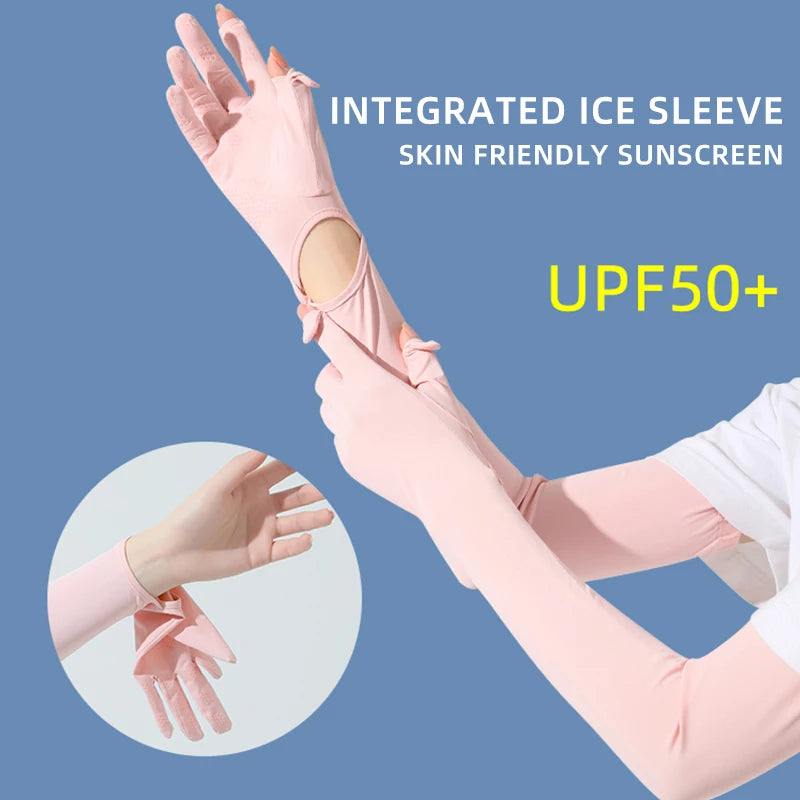 Pink integrated ice sleeve sunscreen arm sleeves shown on a hand and arm.