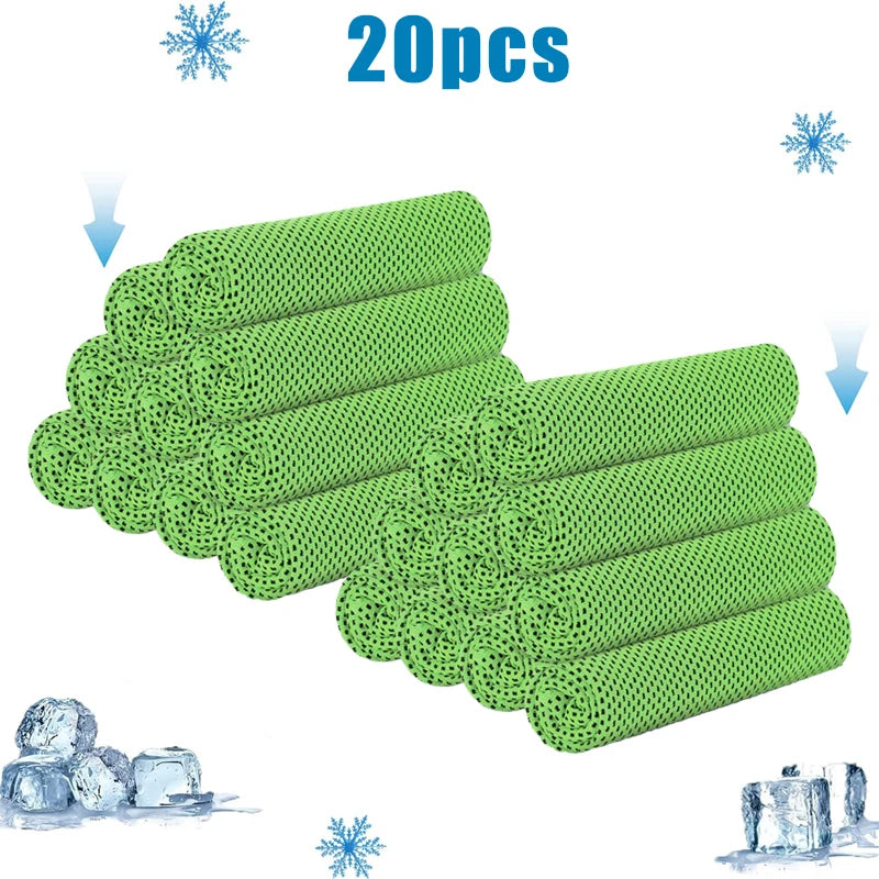 A pile of twenty green cooling microfiber towels for sports and wellness