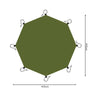 A large olive green waterproof camping ground mat shaped like a hexagon, shown with hanging loops.