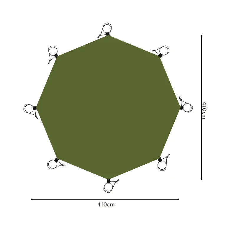 A large olive green waterproof camping ground mat shaped like a hexagon, shown with hanging loops.
