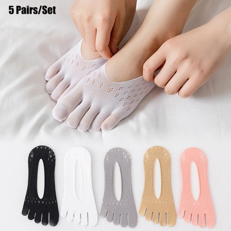 A set of five pairs of ultra-thin invisible boat socks shown in various colors and styles.