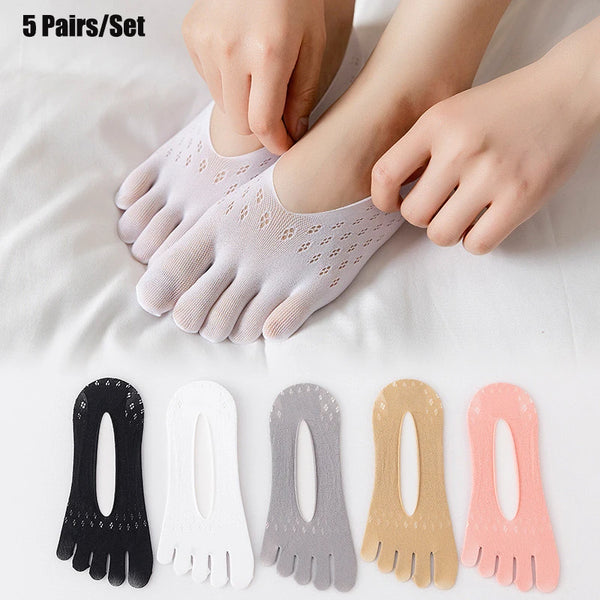 A set of five pairs of ultra-thin invisible boat socks shown in various colors and styles.