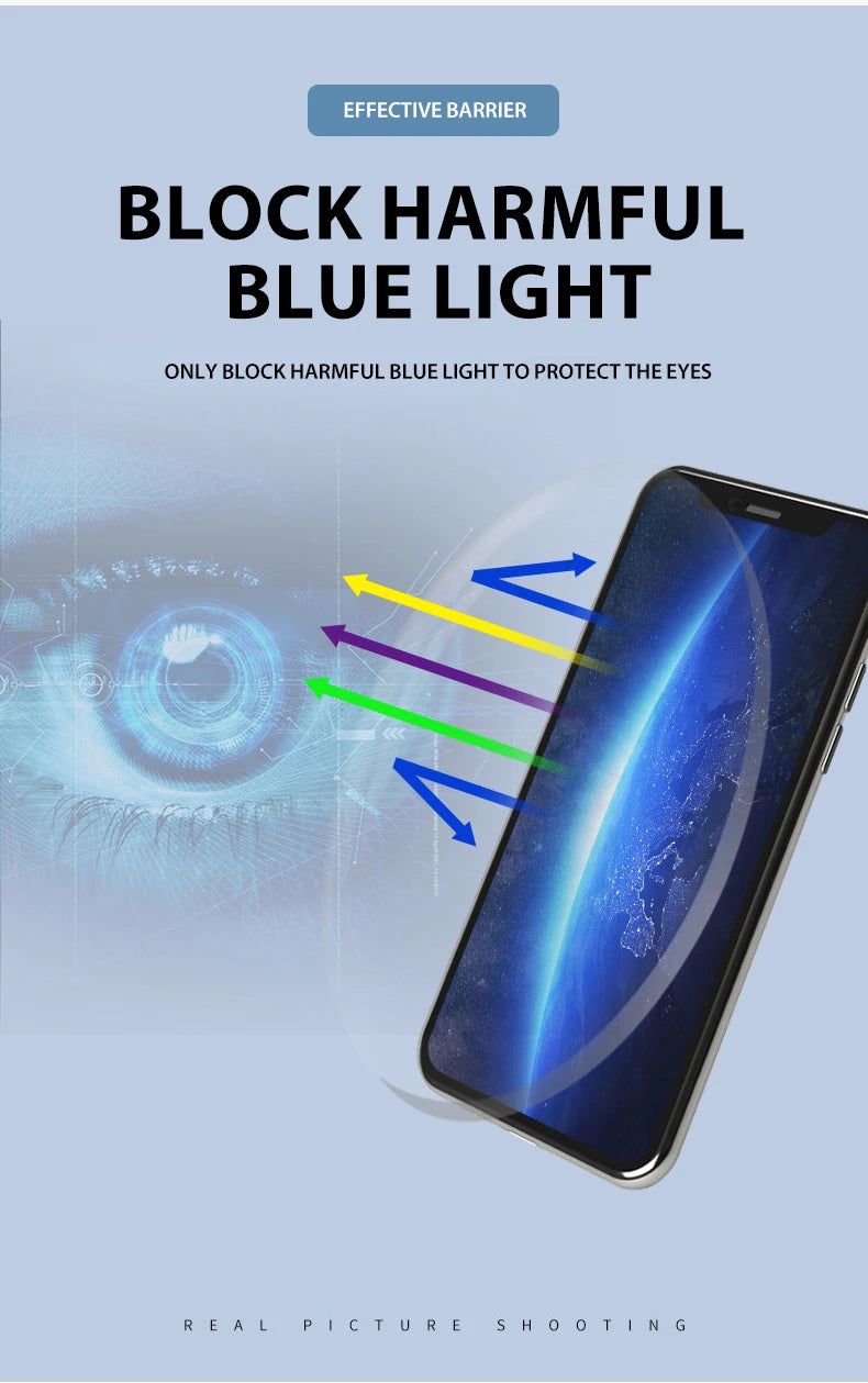 Blue light blocking glasses protecting the eyes, shown next to a smartphone screen.