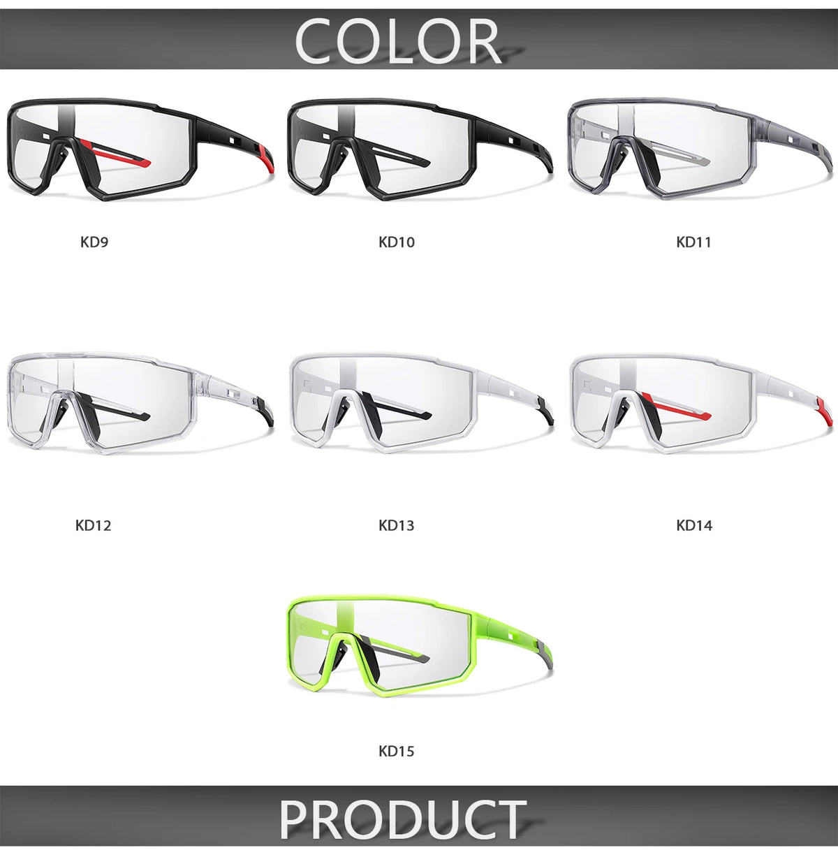 A row of fifteen photochromic sports sunglasses models labeled KD9 through KD15 displayed against a dark background.
