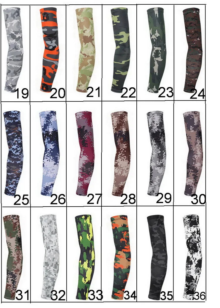 A grid of sixteen tactical camouflage arm sleeves shown in various colors and patterns.