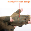 Close-up of olive green tactical five-finger gloves showing palm protection design on a hand.
