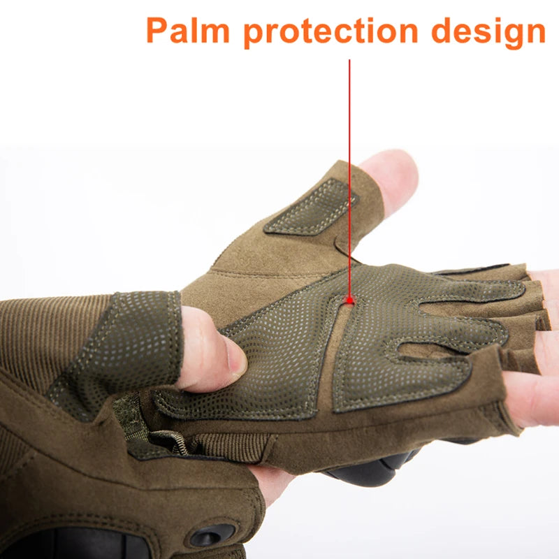 Close-up of olive green tactical five-finger gloves showing palm protection design on a hand.