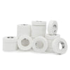 A collection of white latex-free nonwoven breathable medical tape rolls arranged in a row.