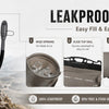 A beige leakproof water bladder is shown with various components and features demonstrating its design.