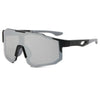 Graue Sport-Sonnenbrille mit flexibem Riemen und dunkel getönten Gläsern