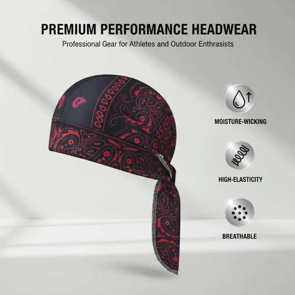 Schwarze und rote Paisley-Performance-Headwear, die ihre Feuchtigkeitsableitfähigkeit hervorhebt