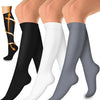 A set of three women's compression socks in black, white, and gray shown on legs.