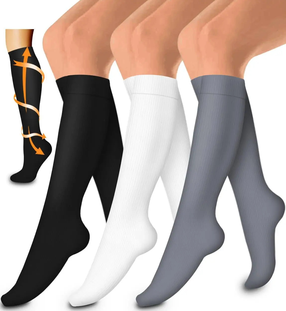 A set of three women's compression socks in black, white, and gray shown on legs.