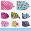 A set of pink and teal printed cotton surgical caps for medical professionals