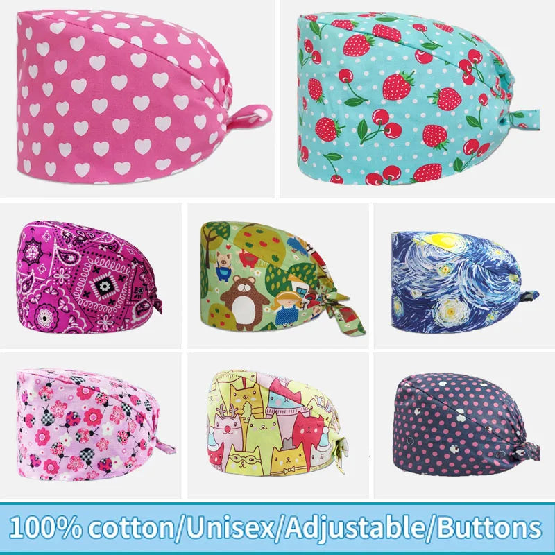 A set of pink and teal printed cotton surgical caps for medical professionals