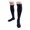 A pair of navy blue compression socks shown on a person's lower leg.