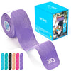 A roll of OKtape prime kinesiology therapy tape and its packaging box with various color options.