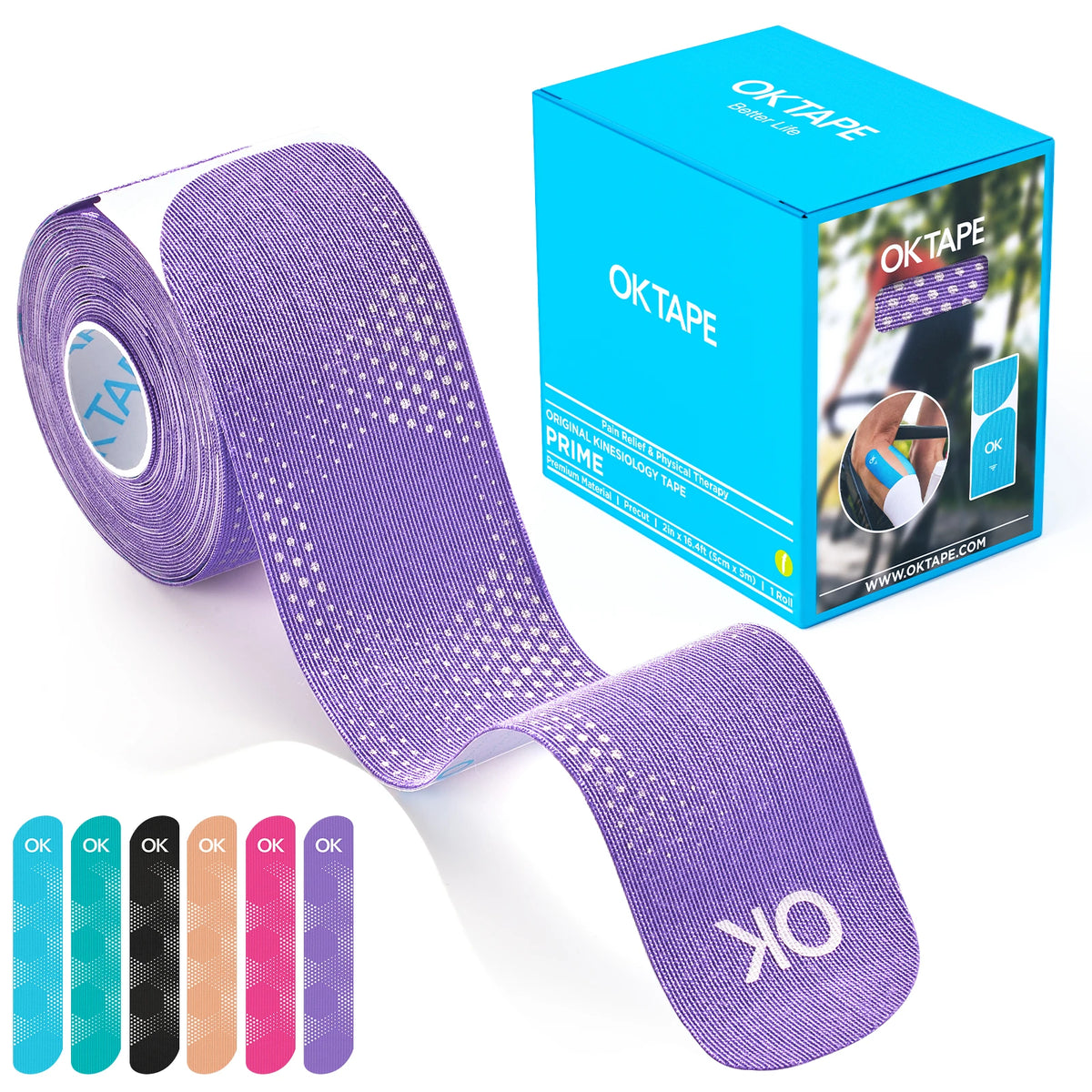 A roll of OKtape prime kinesiology therapy tape and its packaging box with various color options.