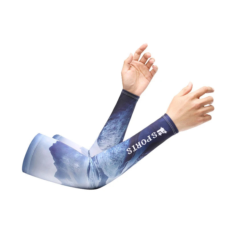A person is wearing a long-sleeved, blue and white UV protection cooling arm sleeve for sports.
