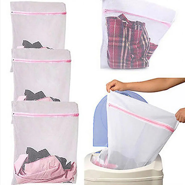 A set of durable mesh laundry organizer bags in pink and white fabric are shown, some filled with clothes.