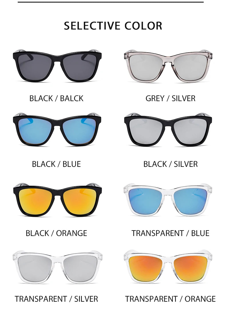 A grid showing various selective color options for sunglasses, including black, grey, blue, silver, orange, and transparent s