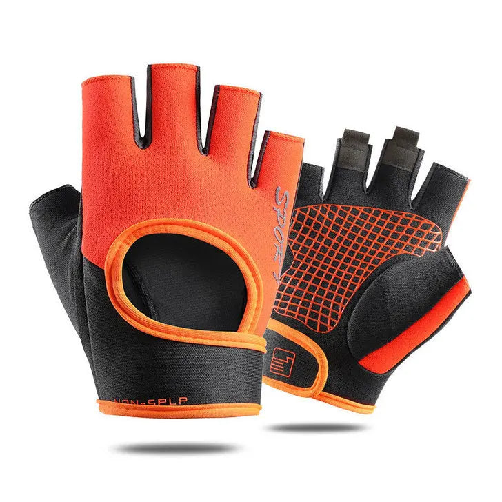 Orange and black breathable half-finger cycling and fitness gloves shown from above