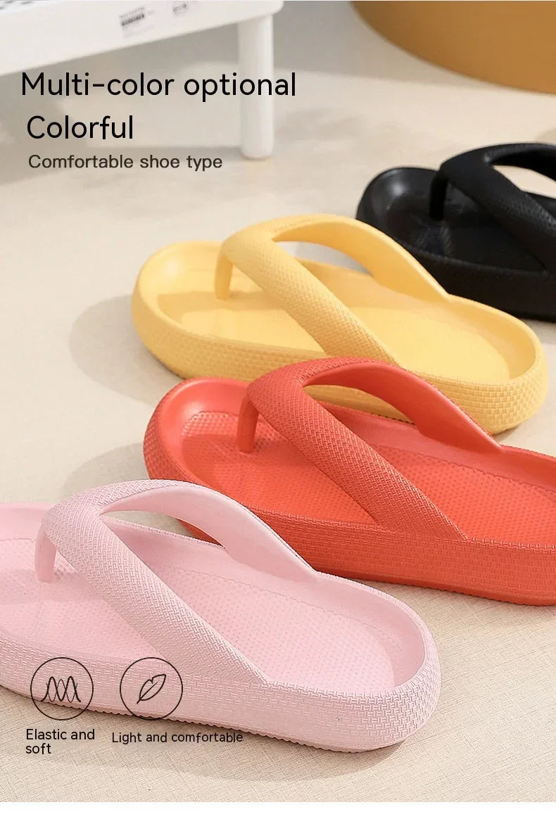 A collection of multi-color optional comfortable platform flip flops in yellow, orange, and pink.
