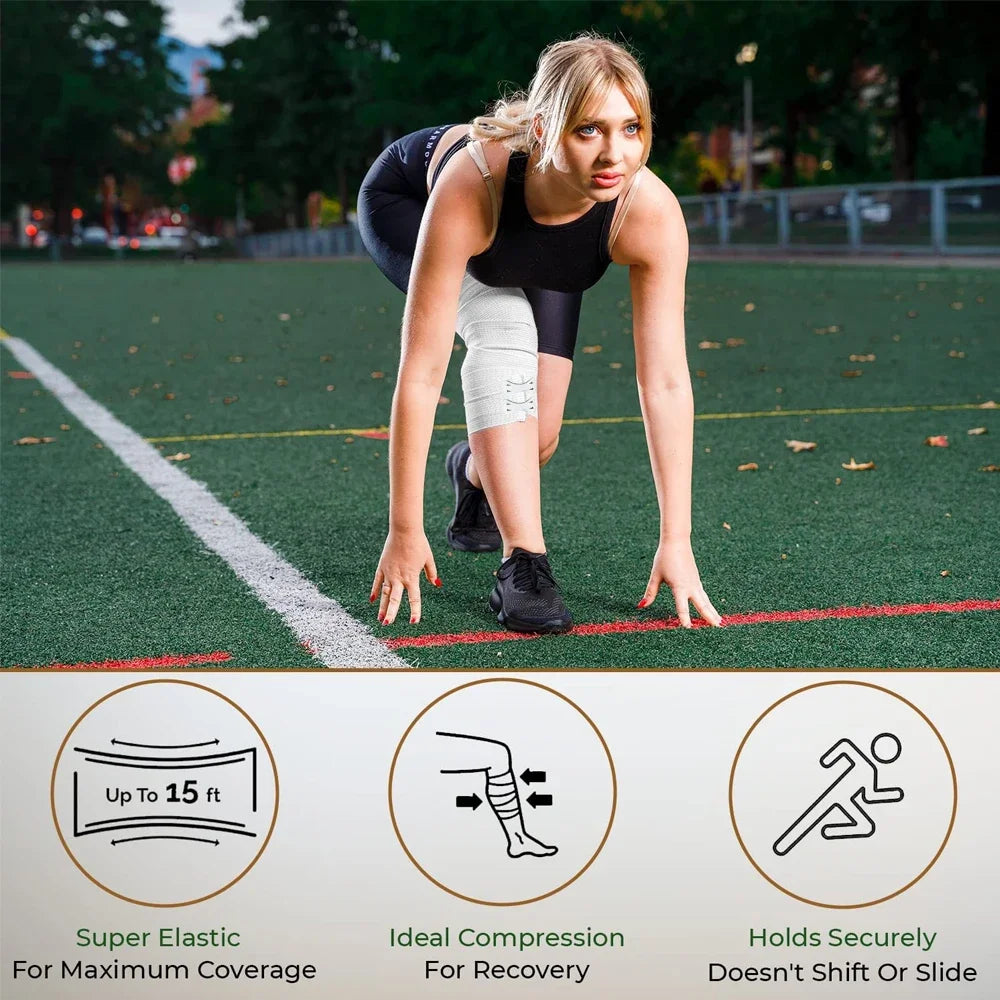 A blonde woman demonstrates the use of a black elastic compression bandage on her arm during a sports activity.