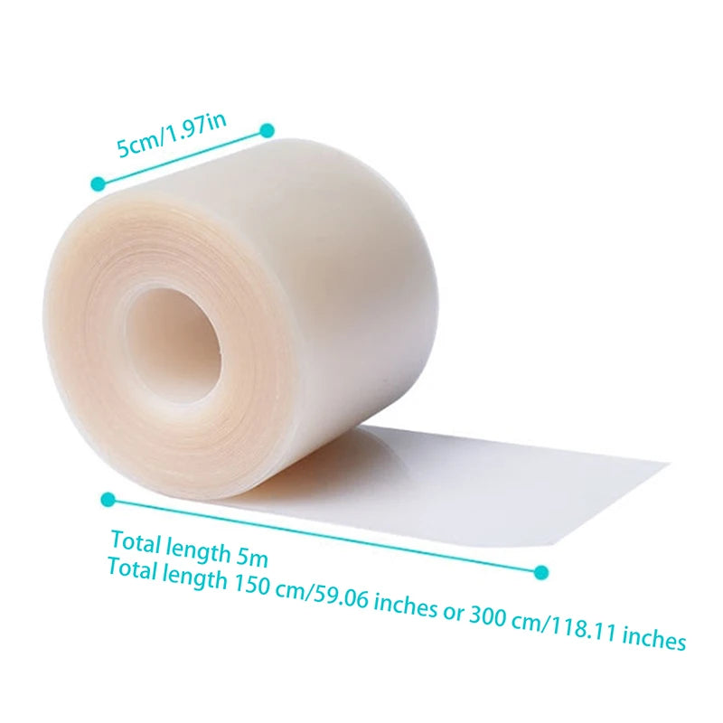 Roll of white hydrocolloid wound care patches with length measurements provided.