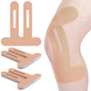 Tan kinesiology therapy tape applied to a knee for support and rehabilitation.