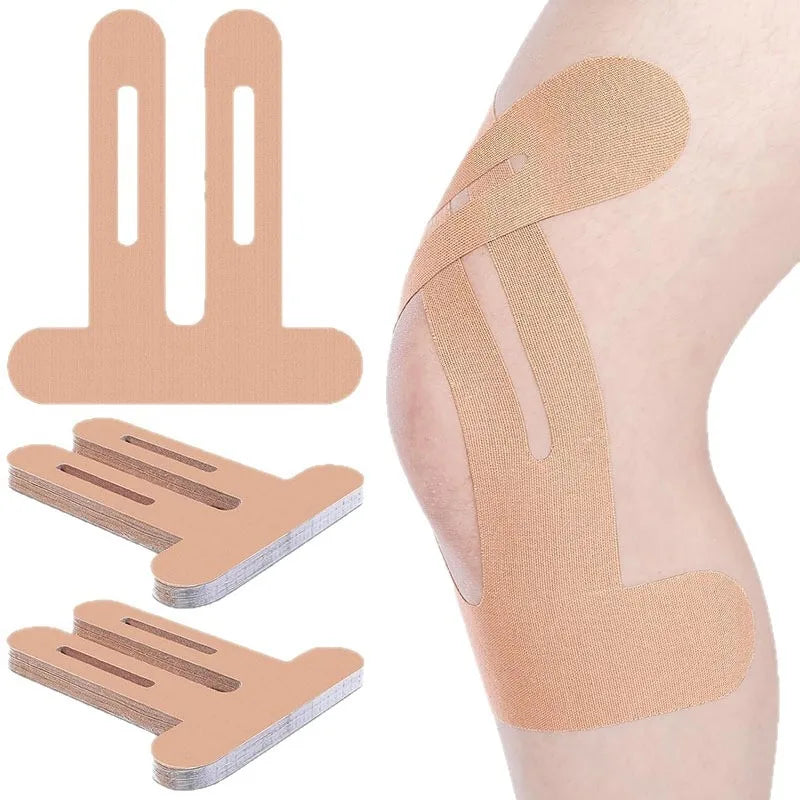 Tan kinesiology therapy tape applied to a knee for support and rehabilitation.