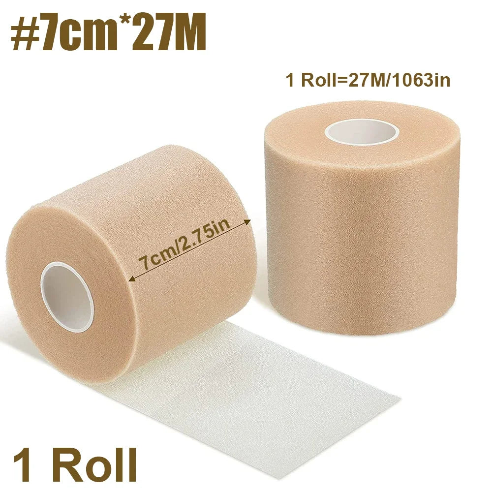 Roll of beige athletic tape measuring 7cm wide and 27 meters long