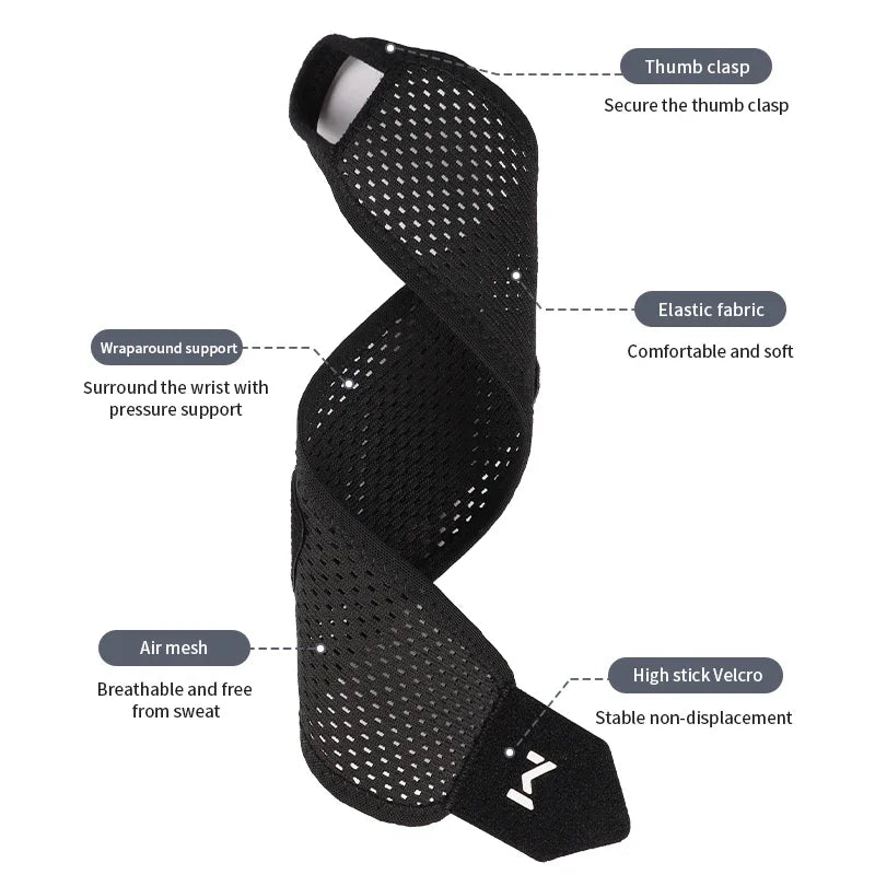 Black adjustable wrist support brace with elastic fabric and air mesh for comfortable and stable wear
