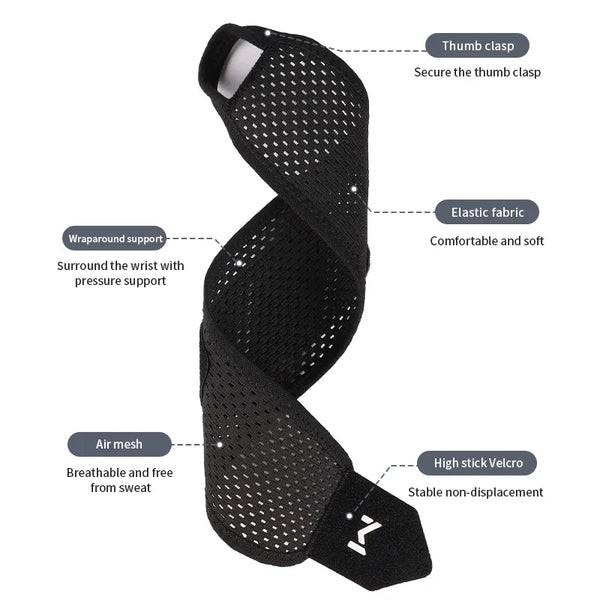 Sangle de soutien ajustable au poignet noir avec tissu élastique et maille d'air pour un port confortable et stable