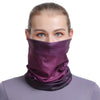 A woman wearing a deep purple seamless fabric balaclava covering her lower face.