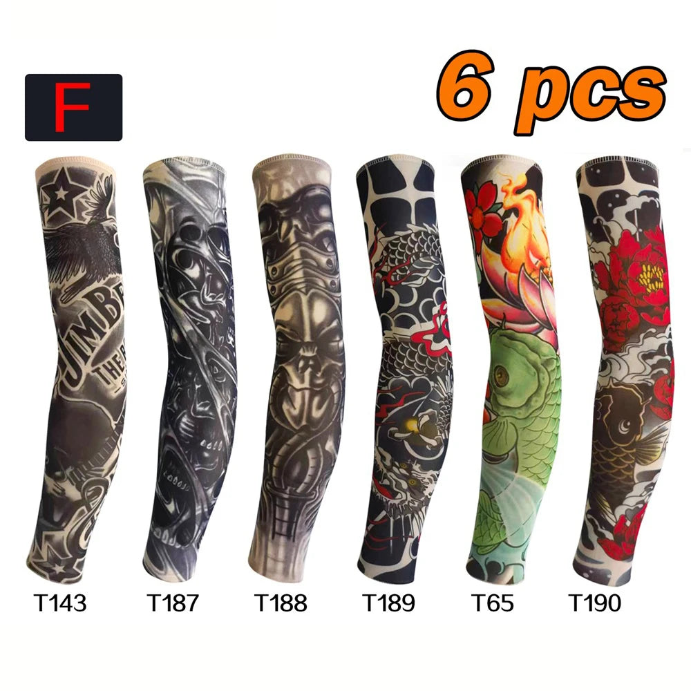 Six packs of UV protection tattoo arm sleeves in various designs and colors.
