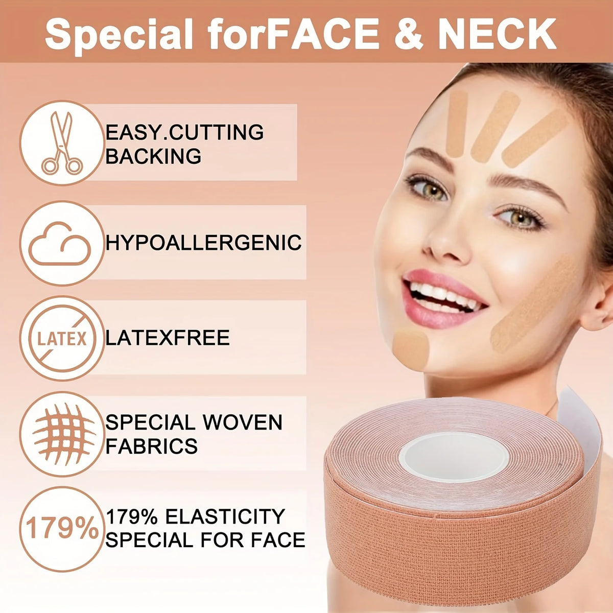 Roll of pink wrinkle smoothing tape designed for the face and neck, highlighting features like easy cutting backing and hypoa