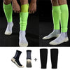 A set of bright lime green soccer socks and knee guards shown on a person's legs.