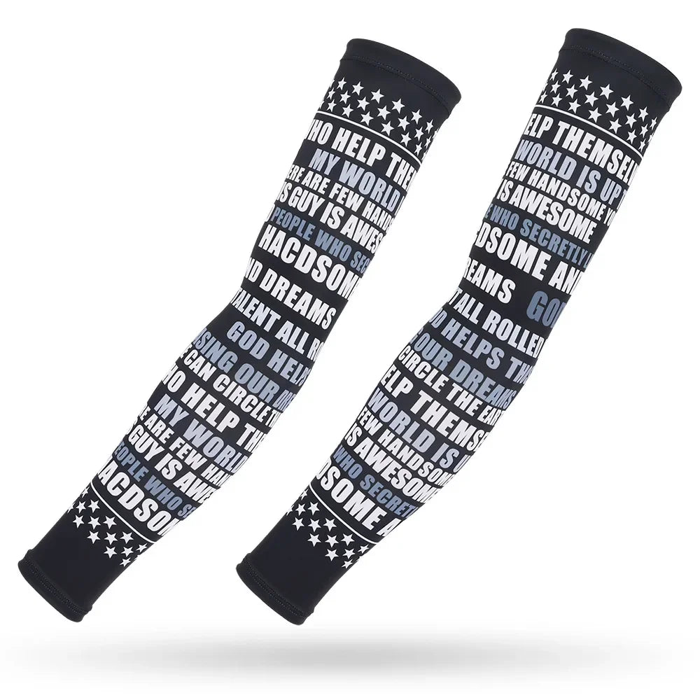 Black arm sleeves with white stars and text that reads Help Them My World Is Awesome