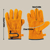 A pair of bright orange heavy duty cowhide leather welding and work gloves shown with size measurements.