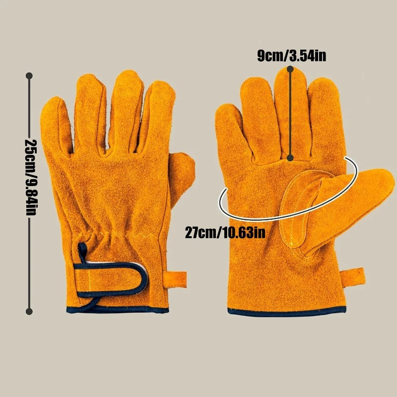 A pair of bright orange heavy duty cowhide leather welding and work gloves shown with size measurements.