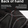 Close-up of the back of a black cycling glove showing stitching and fabric construction details.