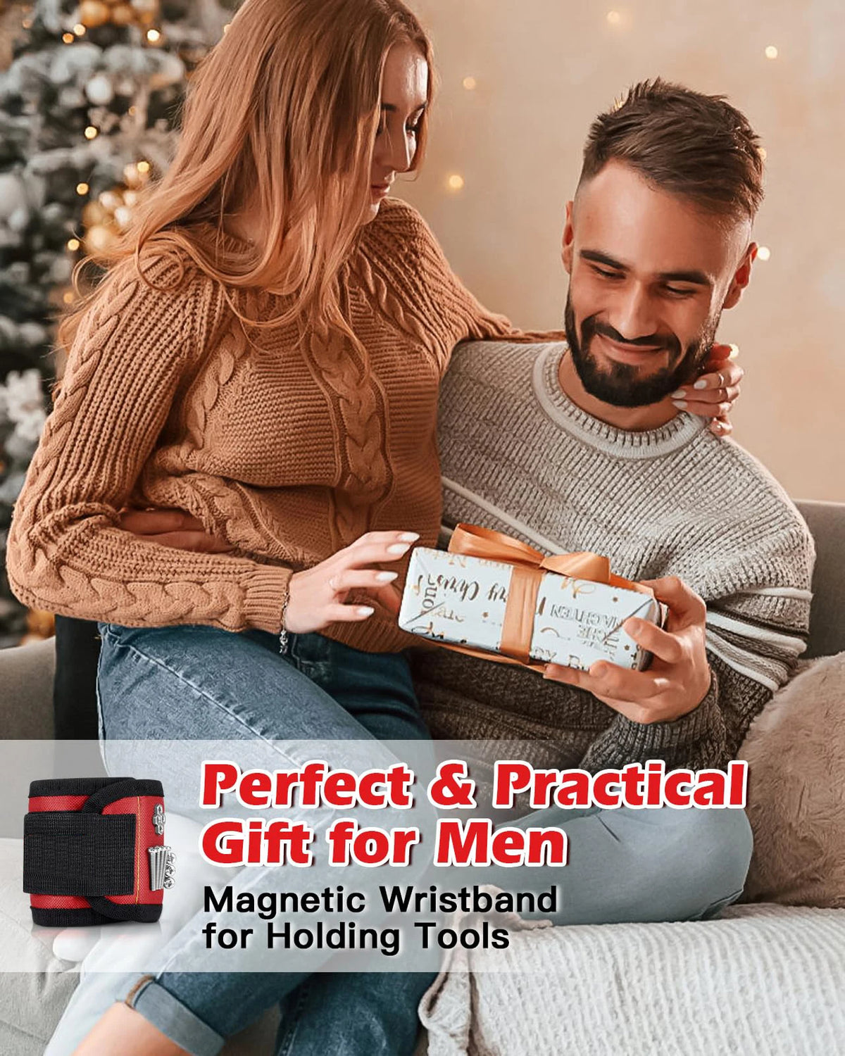 A woman and man are looking at a magnetic wristband for holding tools, presented as a perfect and practical gift for men.