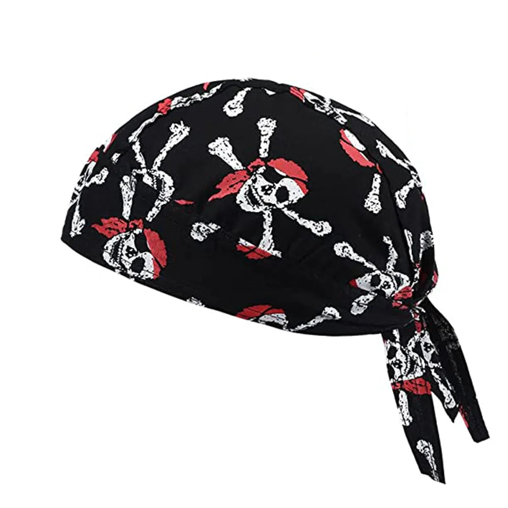 Pañuelo de pirata con calavera de ciclismo negra, diseño con calaveras blancas y rojas